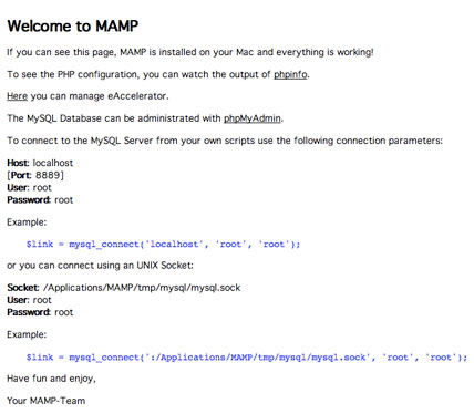 Mamp welcome page
